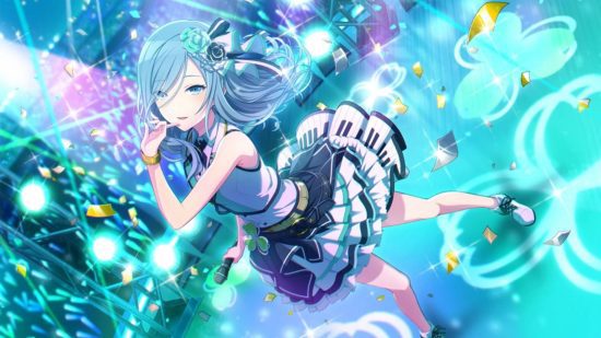 projeto sekai shizuku 1 Personagens do Projeto Sekai: Shizuku no palco em seu uniforme MMJ posando. As luzes do trevo azul-petróleo estão atrás dela.