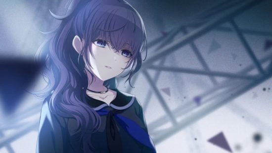 projeto sekai mafuyu 1 Personagens do Projeto Sekai: Um close-up de Mafuyu em pé no Sekai Vazio em sua roupa de Niigo. seus olhos escuros.