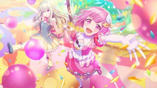 projeto sekai emu 1 Personagens do Projeto Sekai: Emu vestindo seu uniforme WxS enquanto é cercada por balões rosa e laranja. No fundo você pode ver que ela está segurando a mão de Nene.