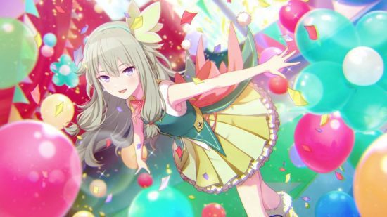 projeto sekai nene 1 Personagens do Projeto Sekai: Nene em seu uniforme WxS posando no palco cercada por balões.