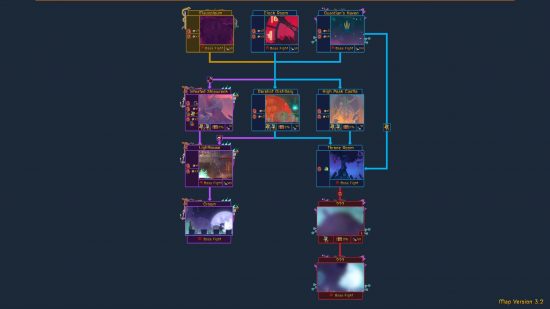 mapa de células mortas (3) Parte quatro de um fluxograma de mapa de Dead Cells, mostrando vários quadrados com segmentos de mapa dentro, conectados por várias setas em uma teia de aranha meticulosa.