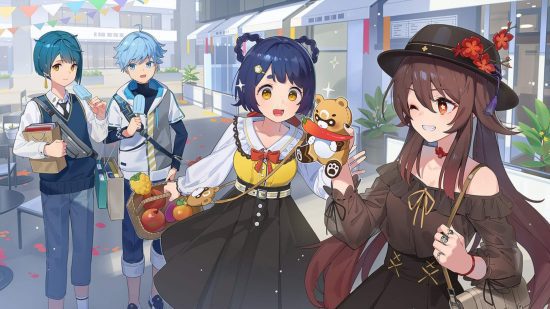 Genshin Impact Xingqiu: Xingqiu, Chongyun, Xiangling e Hu Tao, todos em roupas casuais, visitando uma loja