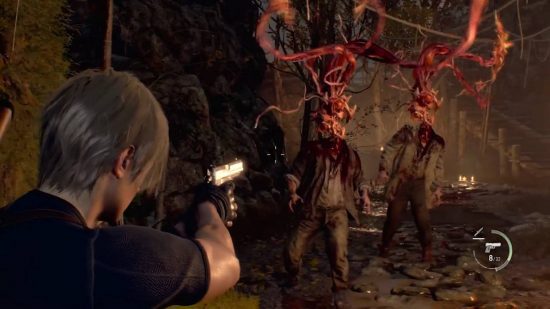 vírus residente evil (2) Vírus Resident Evil: uma captura de tela de Resident Evil 4 Remake mostra Leon atacando Las Plagas