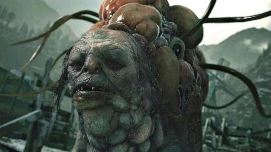 residente-mal-vírus Vírus Resident Evil: uma captura de tela de Resident Evil Village mostra um personagem mutante com o parasita cadou