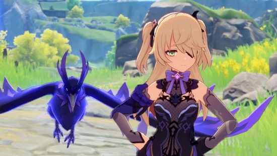 Genshin Fischl com as mãos nos quadris e Oz ao lado dela