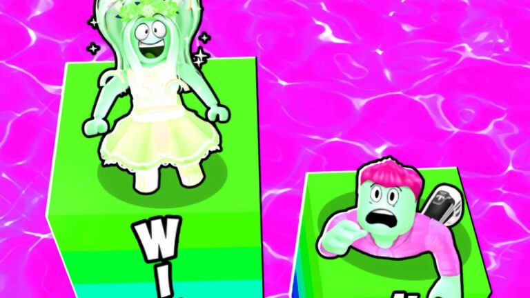 Two Roblox characters on stacked boxes looking up from Answer or Die.