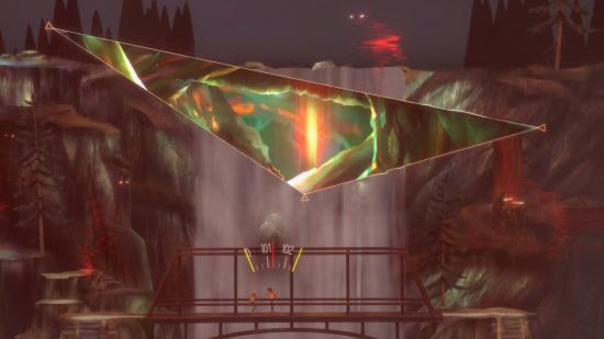 Revisão de sinais perdidos do Oxenfree II Revisão de Oxenfree II Lost Signals: um portal triangular verde em frente a uma cachoeira