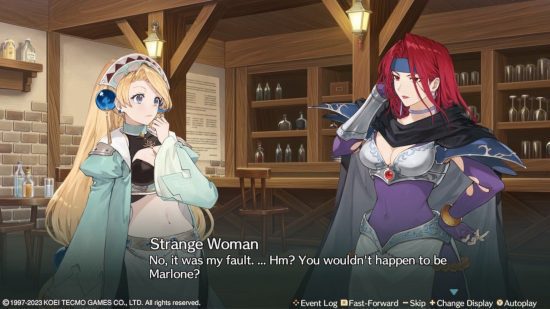 Atelier Marie Remake: Marie conversando com uma 'mulher estranha' na sobreposição estilo romance visual
