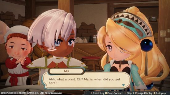 Atelier Marie Remake: os avatares chibi do mundo superior de Marie e Mu conversando na pousada