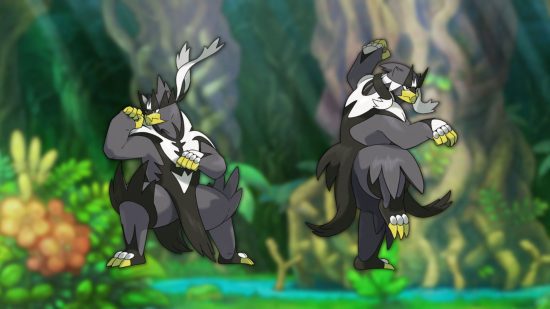 urso pokémon Urshifu Urshifu, um dos melhores pokémon urso em um fundo de selva.