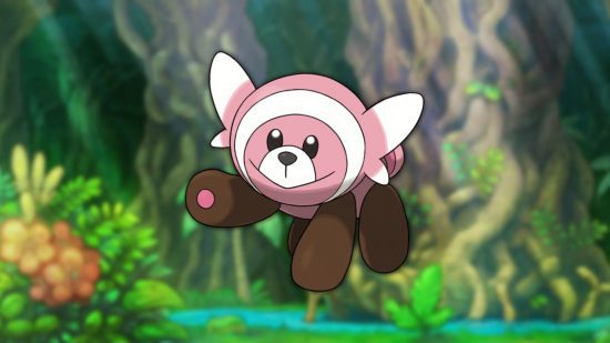 urso pokémon Stufful Stufful, um dos melhores pokémon urso em um fundo de selva.