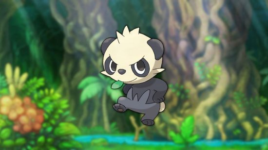 urso pokémon Pancham Pancham um dos melhores pokémon urso em um fundo de selva.