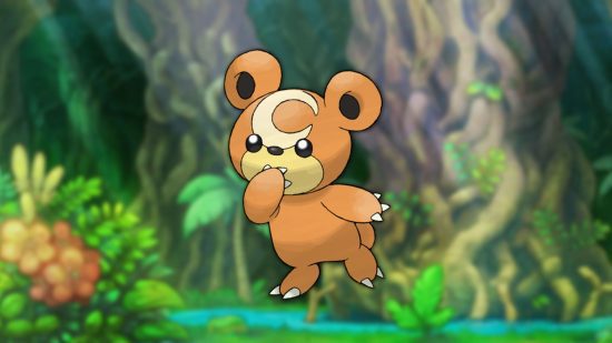 urso pokémon Teddiursa Teddiursa, um dos melhores pokémon urso em um fundo de selva.