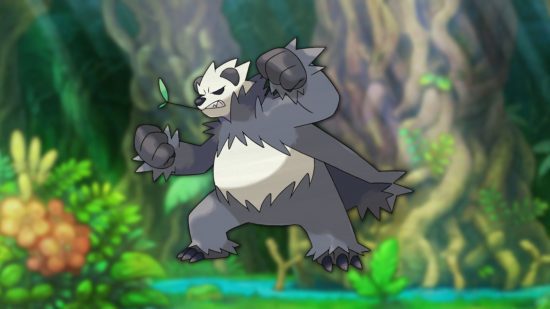 urso pokémon Pangoro Pangoro, um dos melhores pokémon urso em um fundo de selva.