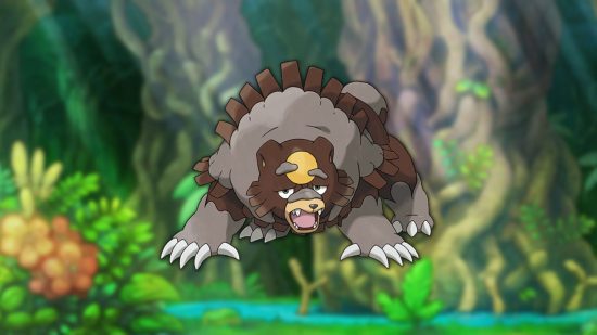 urso pokémon Ursaluna Ursaluna, um dos melhores pokémon urso em um fundo de selva.