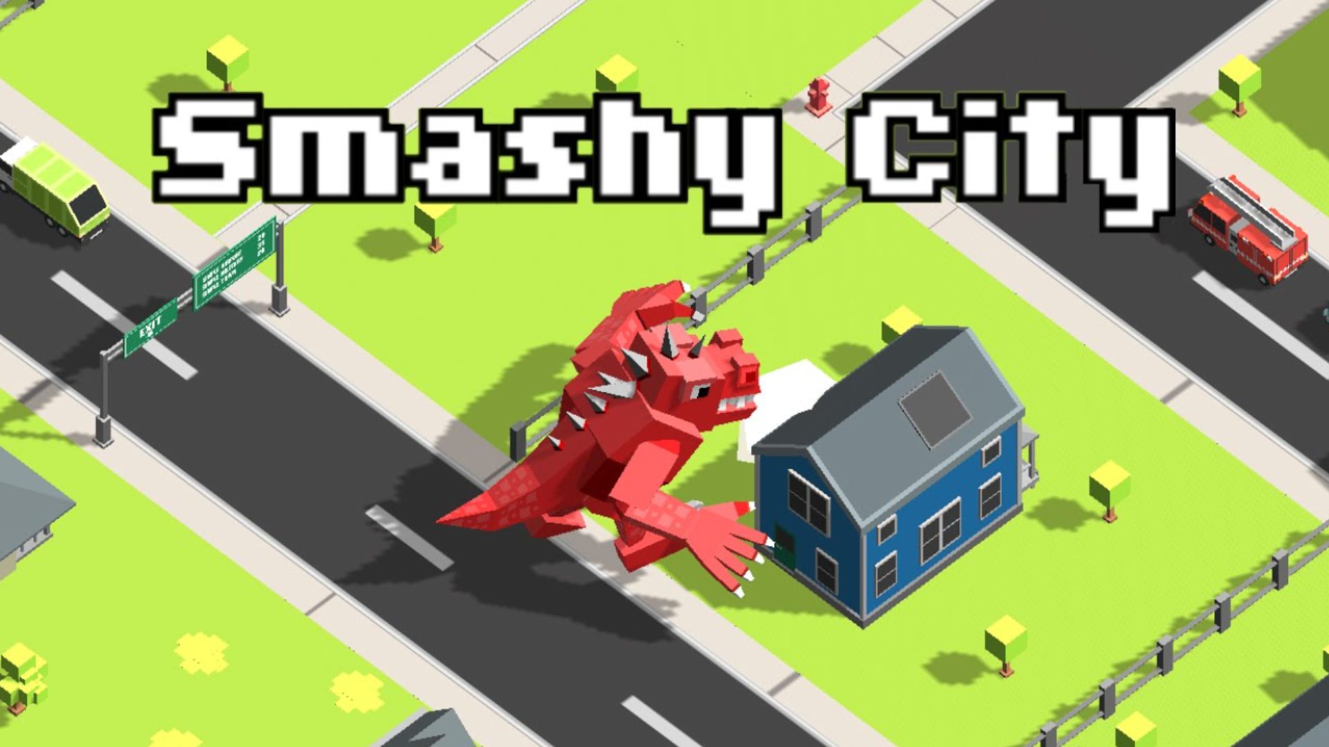 Monkey-games-smahy-city Captura de tela de Smash City com um dinossauro destruindo uma casa