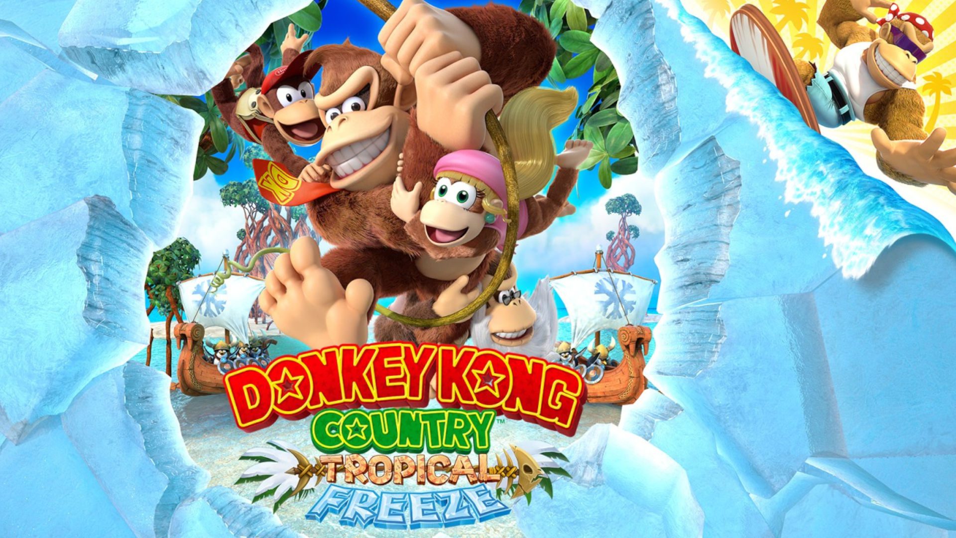 macaco-jogos-burro-kong-país-tropical-congelamento Arte da capa de Donkey Kong Country Tropical Freeze com um Kong divertido no canto