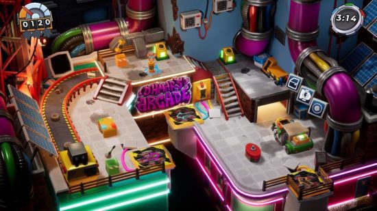 Captura de tela do nível Fan Service Manic Mechanics com um jogador esperando com uma bateria