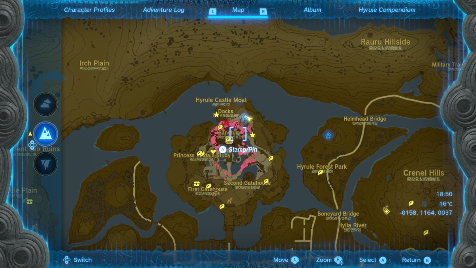 Zelda: Tears of the Kingdom Os locais de entrada do escudo Hylian destacados em um mapa marrom e branco de Hyrule pontilhado com diferentes alfinetes e selos, estradas e rios.