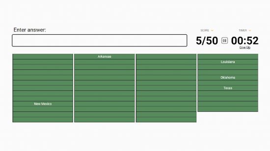 sporcle-us-states (2) Sporcle afirma: um diagrama dos Estados Unidos é visível, bem como um questionário baseado em nomear os estados dos EUA