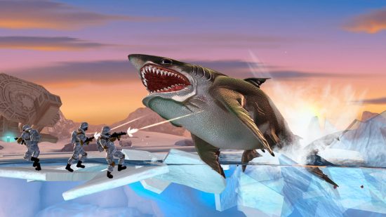 peixe-jogos-faminto-tubarão-mundo Um tubarão do Hungry Shark World pulando fora da água para guiar os melhores jogos de peixe