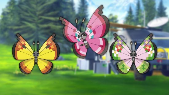 Pokémon raro Vivillon Três raros Pokémon Vilvillons em um fundo de floresta