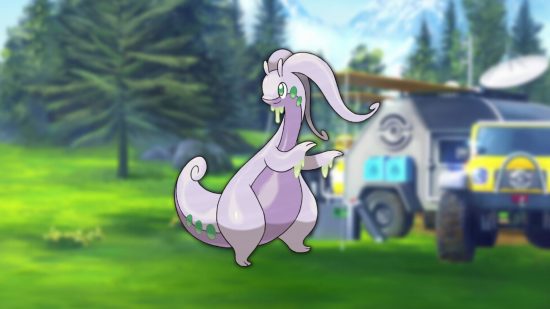 Pokémon Raro Goodra Pokémon raro Goodra em um fundo de floresta