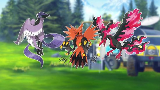 Pássaros lendários galardoados de Pokémon raros Pássaros lendários Galarian Pokémon raros Moltres, Articuno e Zapdos em um fundo de floresta