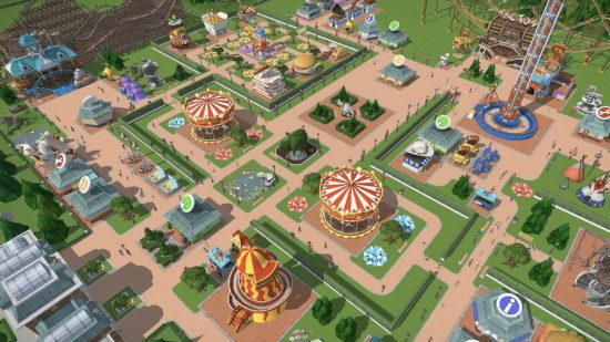 Captura de tela de um pequeno parque em RollerCoaster Tycoon Touch para guia de jogos de parques temáticos
