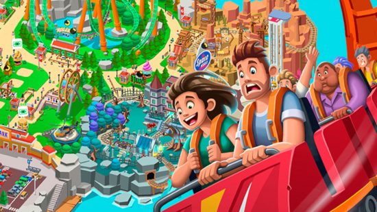 Arte chave para Idle Theme Park Tycoon com dois personagens em uma montanha-russa para guia de jogos de parques temáticos