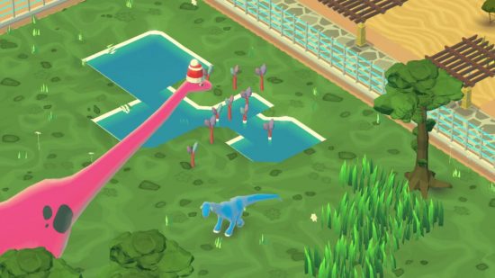 Captura de tela de um recinto de dinossauros em Parkasaurus para o guia de jogos de parques temáticos