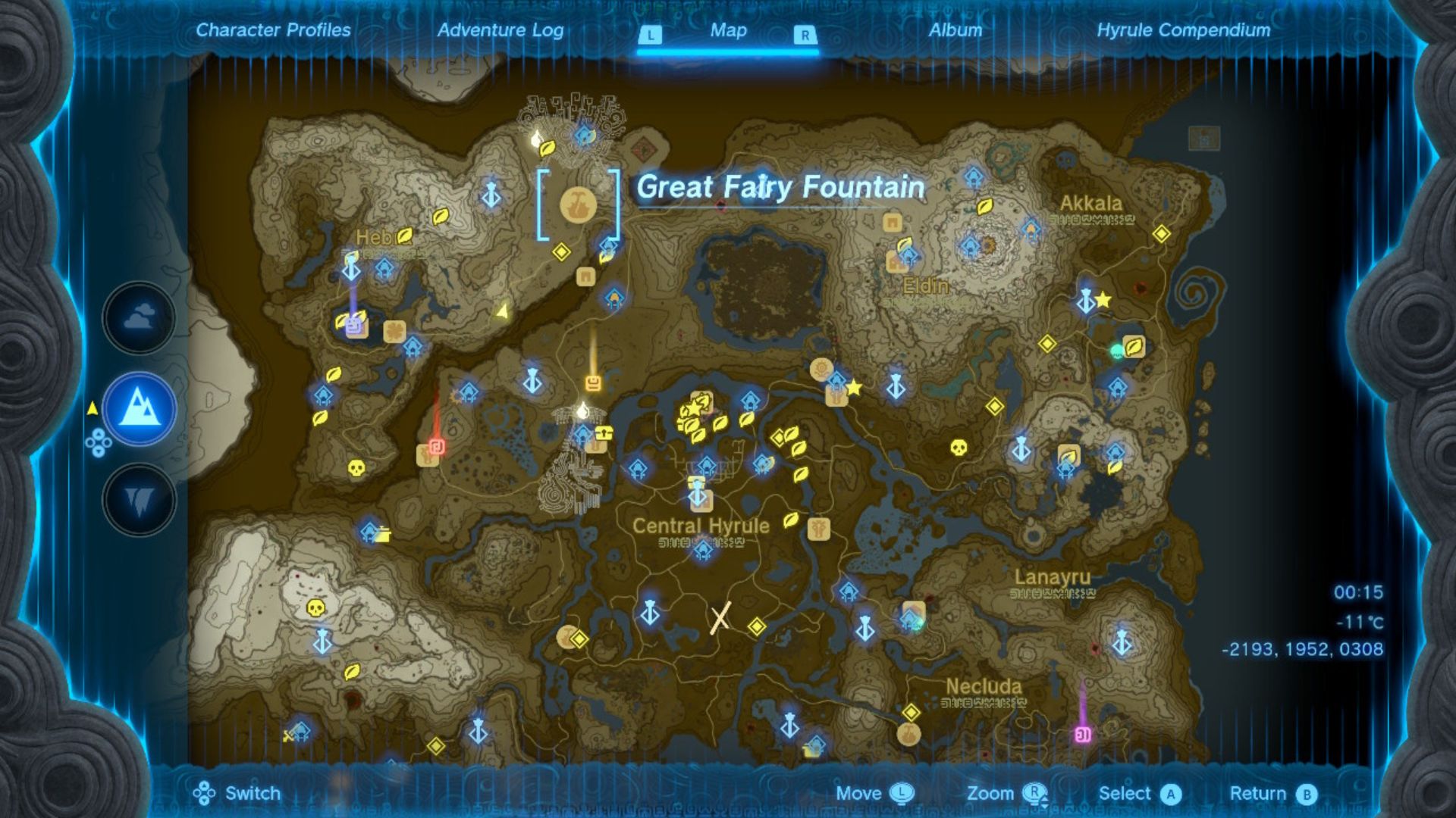 Zelda: Tears of the Kingdom grandes locais de fadas destacados em um mapa marrom e branco de Hyrule pontilhado com diferentes alfinetes e selos, estradas e rios.