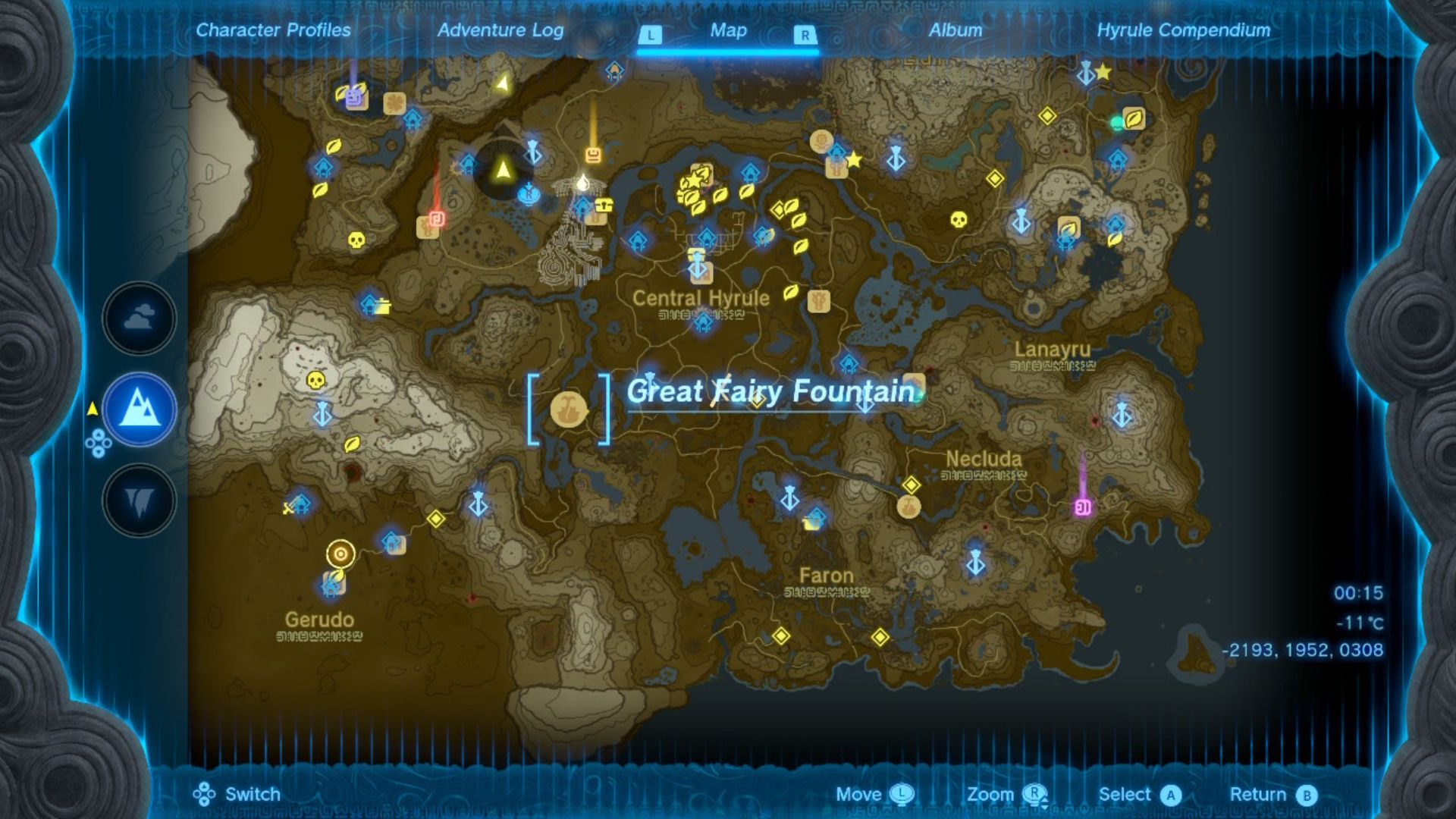 Zelda: Tears of the Kingdom grandes locais de fadas destacados em um mapa marrom e branco de Hyrule pontilhado com diferentes alfinetes e selos, estradas e rios.
