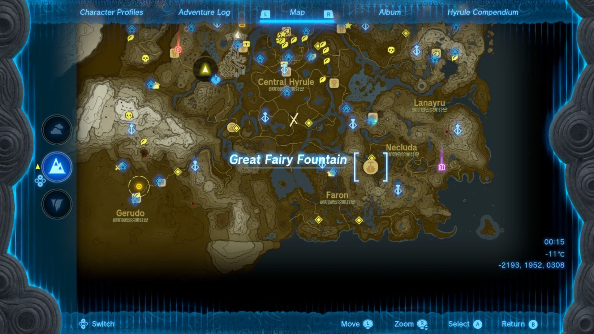 Zelda: Tears of the Kingdom grandes locais de fadas destacados em um mapa marrom e branco de Hyrule pontilhado com diferentes alfinetes e selos, estradas e rios.