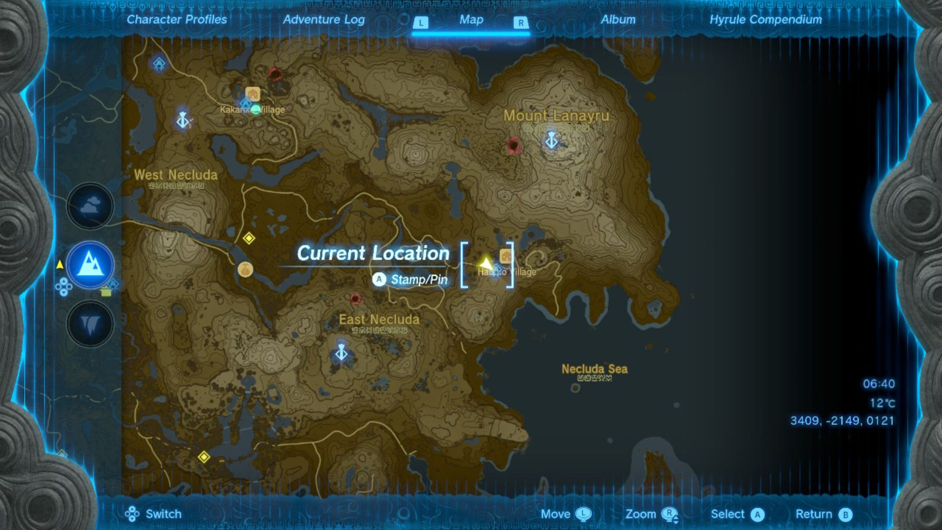 O parapente Zelda: Tears of the Kingdom, a tinturaria da vila de Hateno destacada em um mapa marrom e branco de Hyrule pontilhado com diferentes alfinetes e selos, estradas e rios.