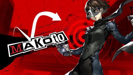persona 5 makoto 1 Persona 5 Makoto: Makoto em sua roupa Phantom Thieves em um fundo vermelho com seu nome em letras de jornal incompatíveis.