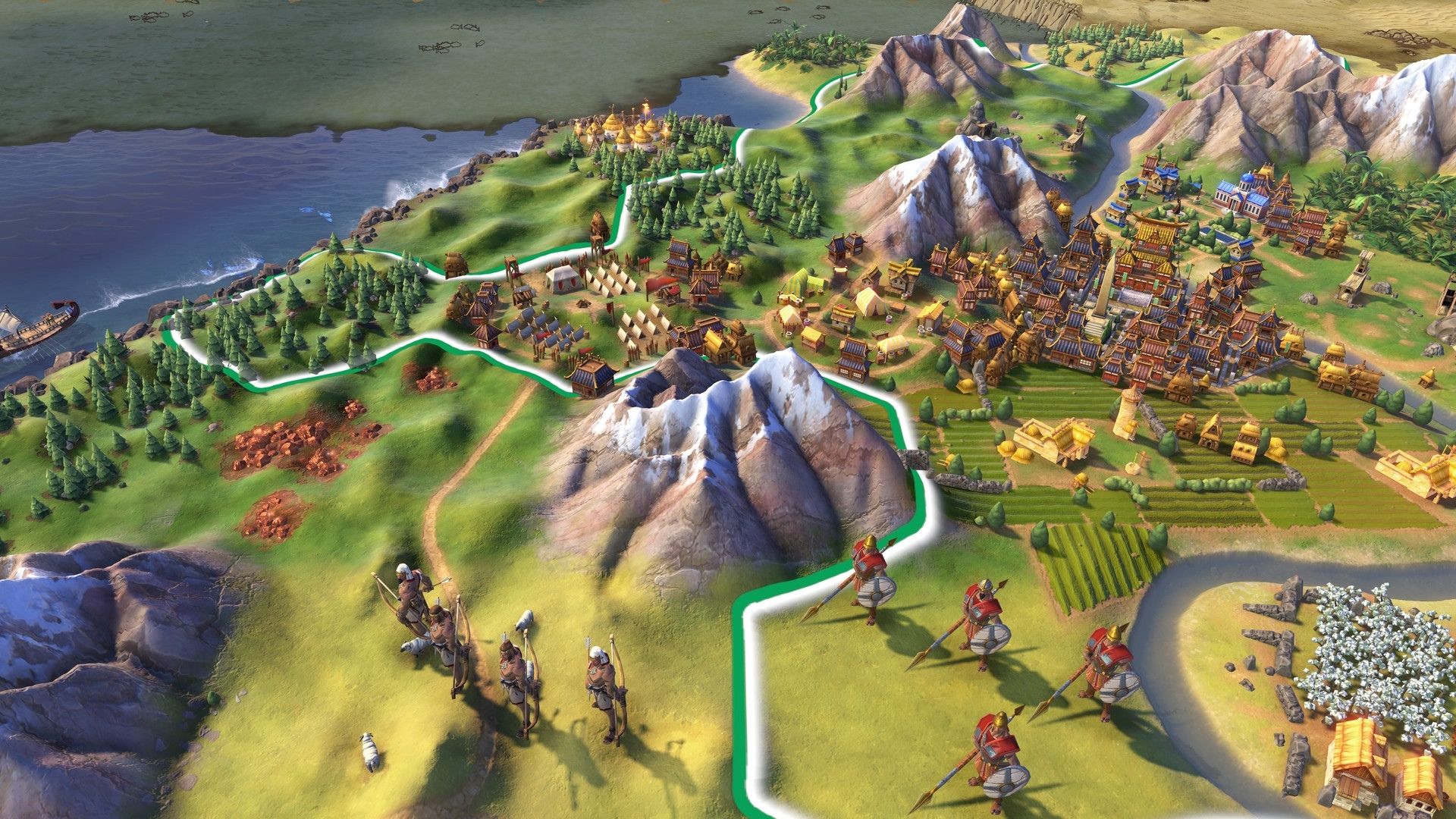 jogos-like-age-of-impires-civilization Uma captura de tela do Civilization VI, mostrando soldados gigantes em um mapa sobrecarregado com zoom reduzido.