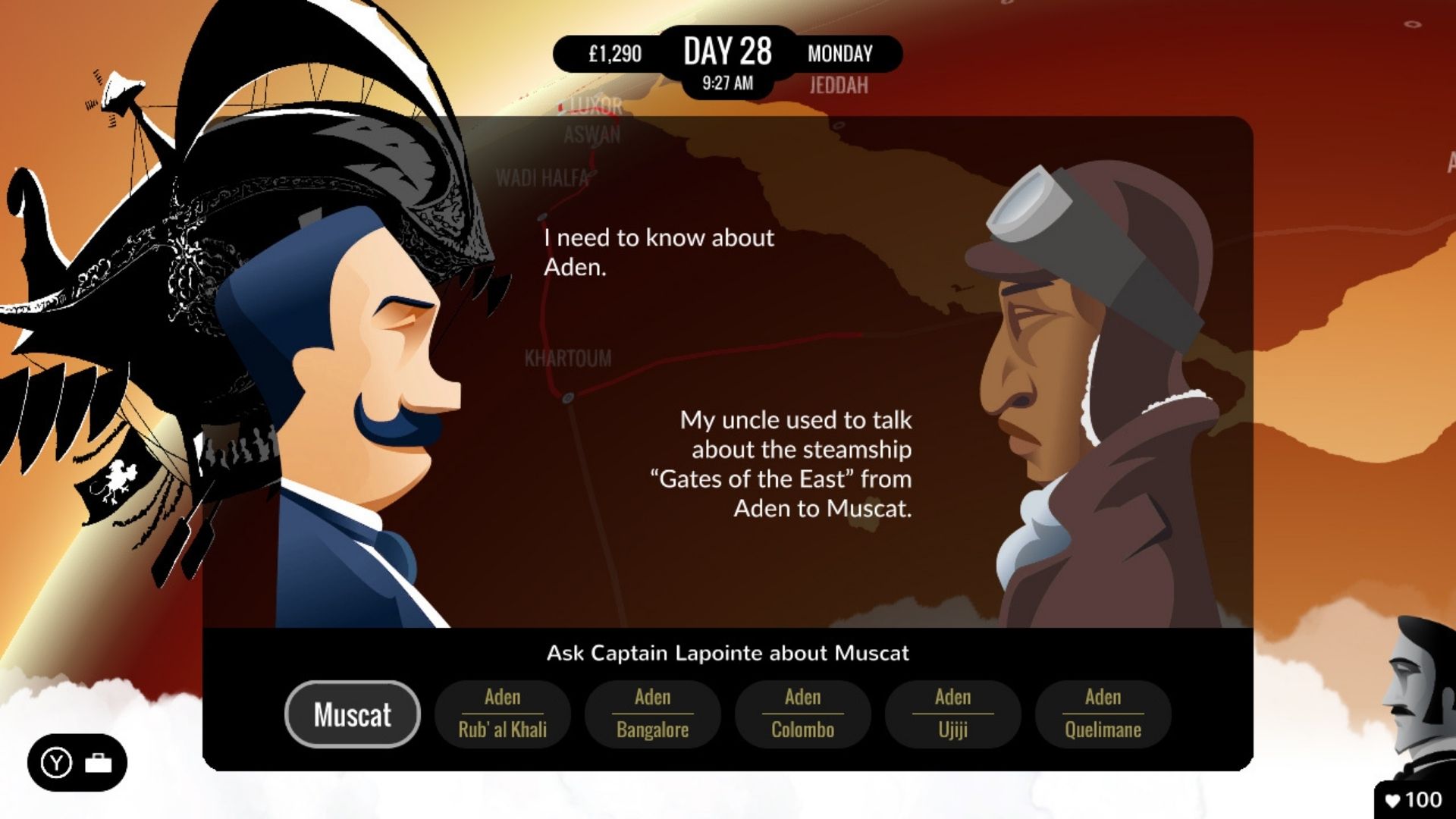 jogos-like-age-of-empires-80-days Uma captura de tela de 80 Days, mostrando dois personagens conversando.