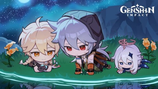 Versões Chibi de Genshin Impact Razor, Traveler e Paimon olhando para uma piscina à noite