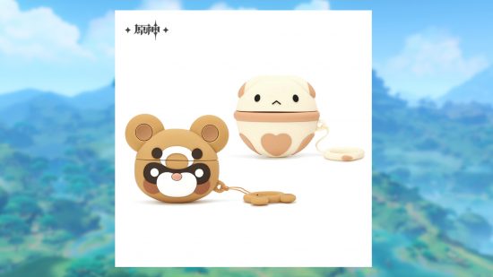 airpods de impacto genshin Mercadoria do Genshin Impact: Dois estojos Airpod Pro com o tema Genshin Impact, um que se parece com o urso Guoba e outro que se parece com o brinquedo Dodoco de Klee.