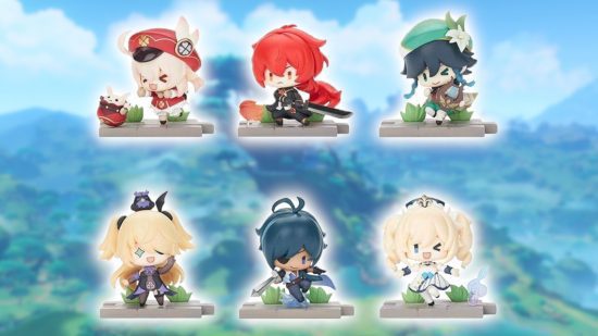 genshin impacto mondstadt chibis Genshin Impact merch: Seis figuras Genshin chibi em um fundo Sumeru desfocado. A linha superior é Klee, Diluc e Venti. A linha inferior é Fischl, Kaeya e Barbara.