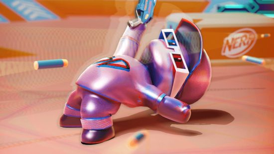 Skins Stumble Guys: A skin 3D Guy desviando de uma bala Nerf, inclinando-se totalmente para trás, como no Matrix