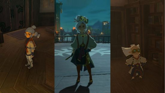 Três personagens de Zelda Tears of the Kingdom, Josha, Purah e Robbie