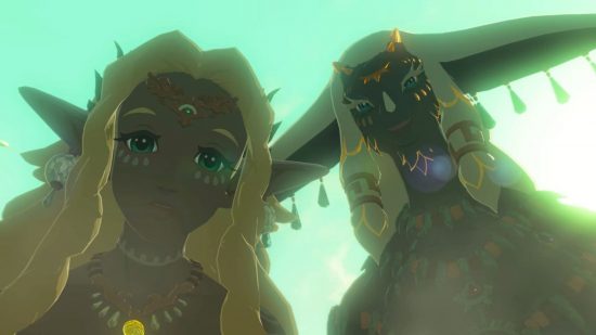 Dois personagens de Zelda Tears of the Kingdom, rei Rauru e rainha Sonia