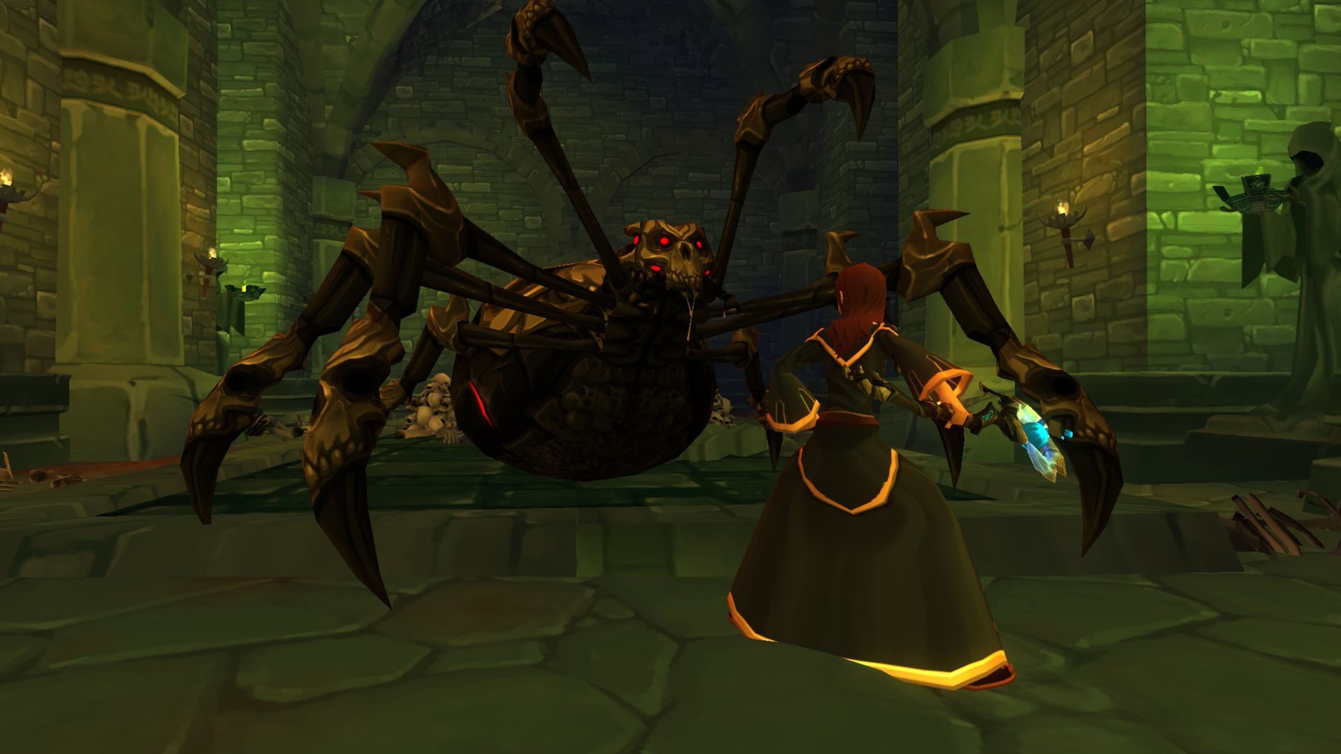 melhor-móvel-mmorpgs-aq3d Melhores MMORPGs móveis: Adventure Quest 3D.  A imagem mostra um mago prestes a lutar contra uma aranha gigante com uma cabeça parecida com uma caveira.
