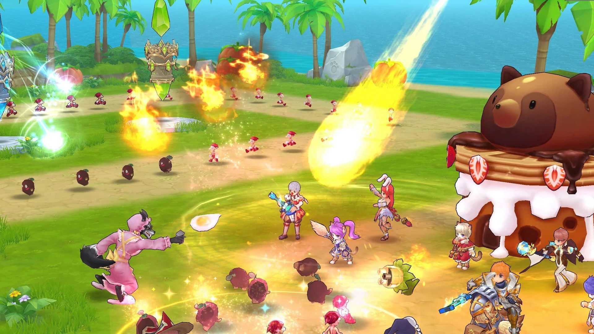 melhor-móvel-mmorpgs-ragnarok-m Melhores MMORPGs móveis: Ragnarok M: Eternal Love.  A imagem mostra um lobo mau lançando uma bola de fogo sobre uma mulher jogando um ovo descascado.