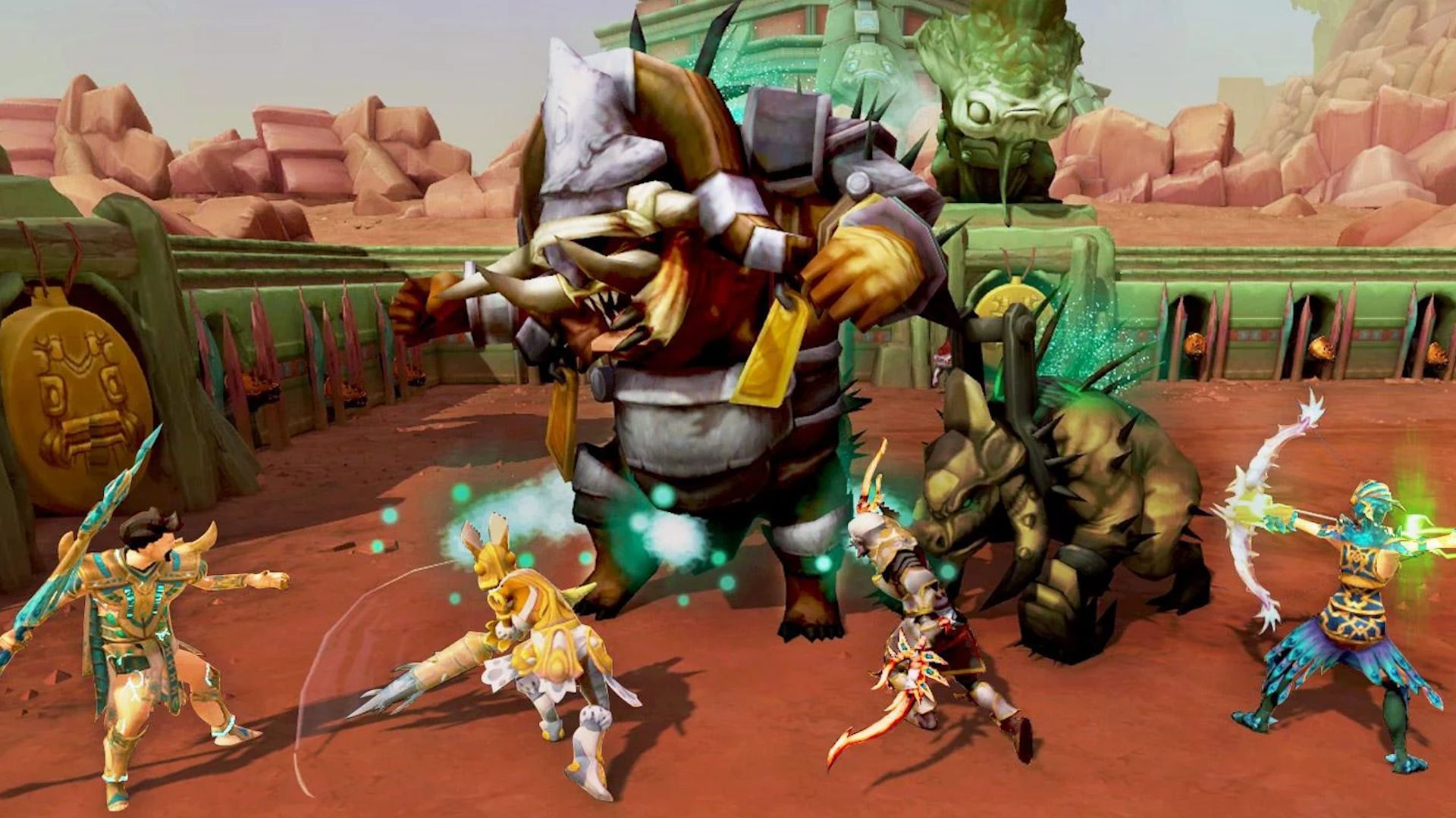 melhor-móvel-mmorpgs-runescape-móvel Melhores MMORPGs móveis: RuneScape Mobile.  A imagem mostra uma parte de quatro lutadores lutando contra uma besta gigante parecida com um ogro.