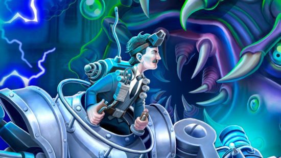 jogos de ciência 3 Jogos de ciência: uma imagem de arte ampliada de Nikola Tesla em seu mech enfrentando um monstro mostrando os dentes