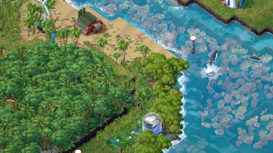 jogos de ciência 4 Jogos de ciência: Uma captura de tela do Terra Nil mostrando uma exuberante floresta tropical e uma praia, além de um corpo de água com um recife de coral e algumas baleias.