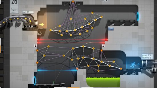 jogos de ciência 6 Jogos de ciência: uma captura de tela do Bridge Constructor Portal mostrando um sistema de ponte complicado e obstáculos mortais.